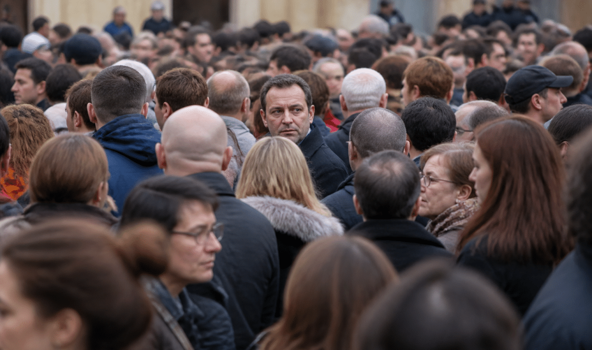 Foule de personnes debout densement regroupees dans rue urbaine