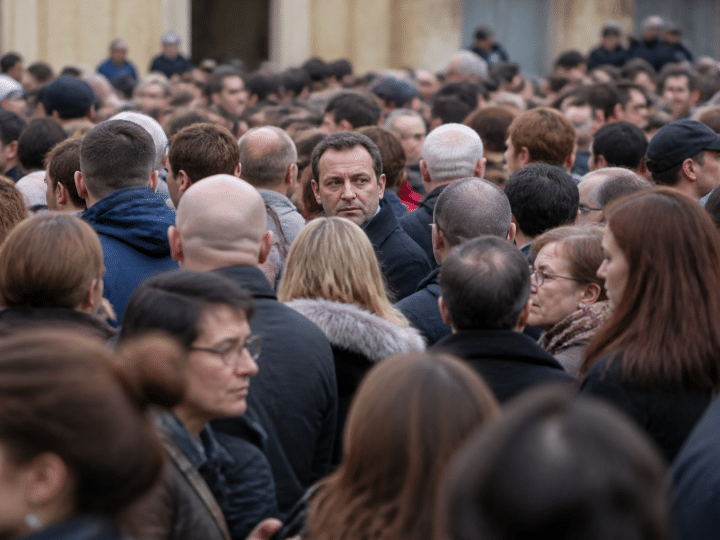 Foule de personnes debout densement regroupees dans rue urbaine