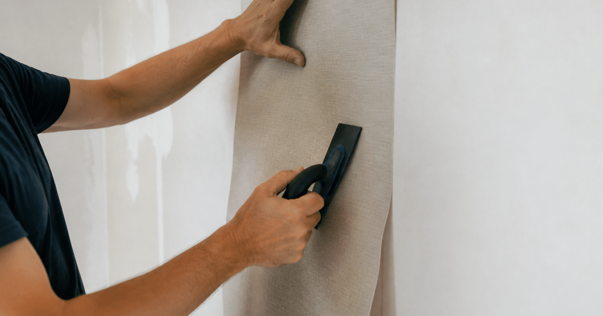 Mains appliquant papier peint sur mur blanc avec spatule
