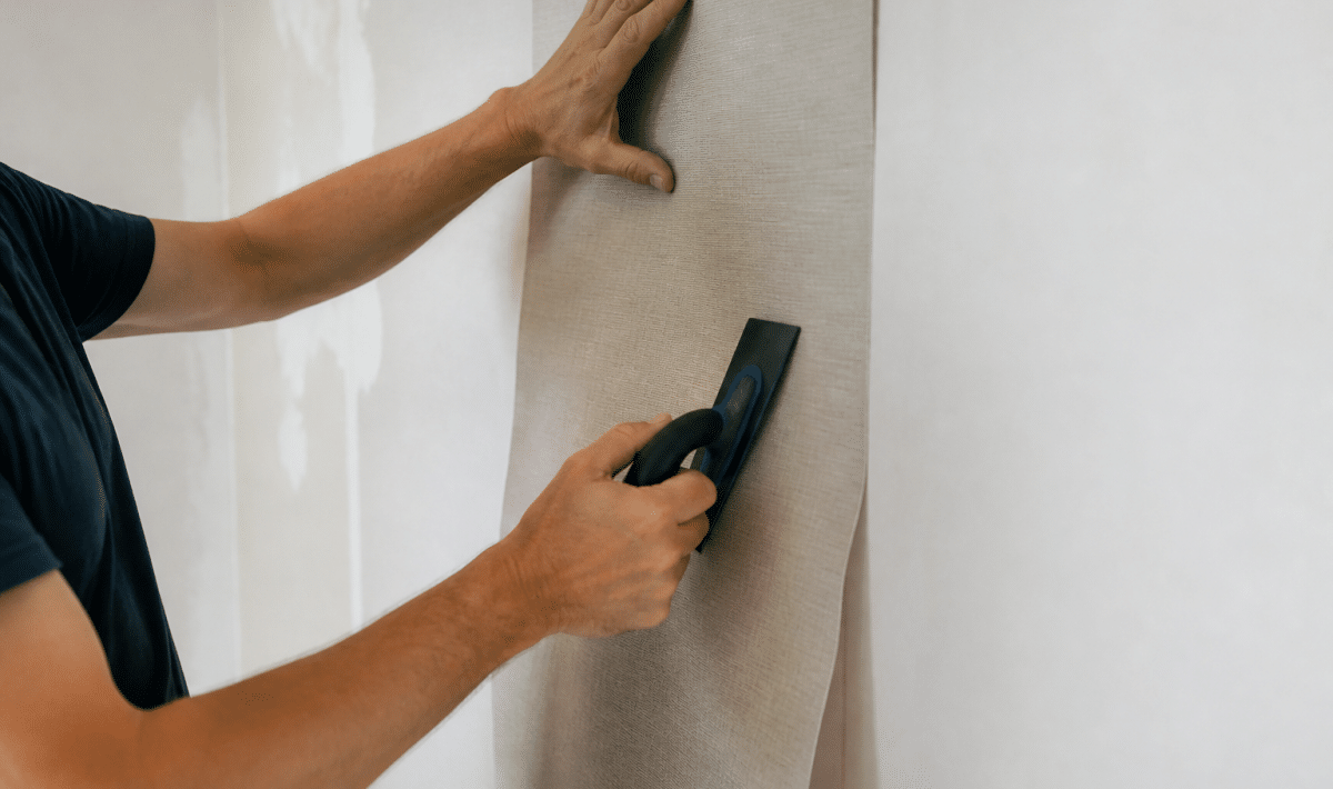 Mains appliquant papier peint sur mur blanc avec spatule