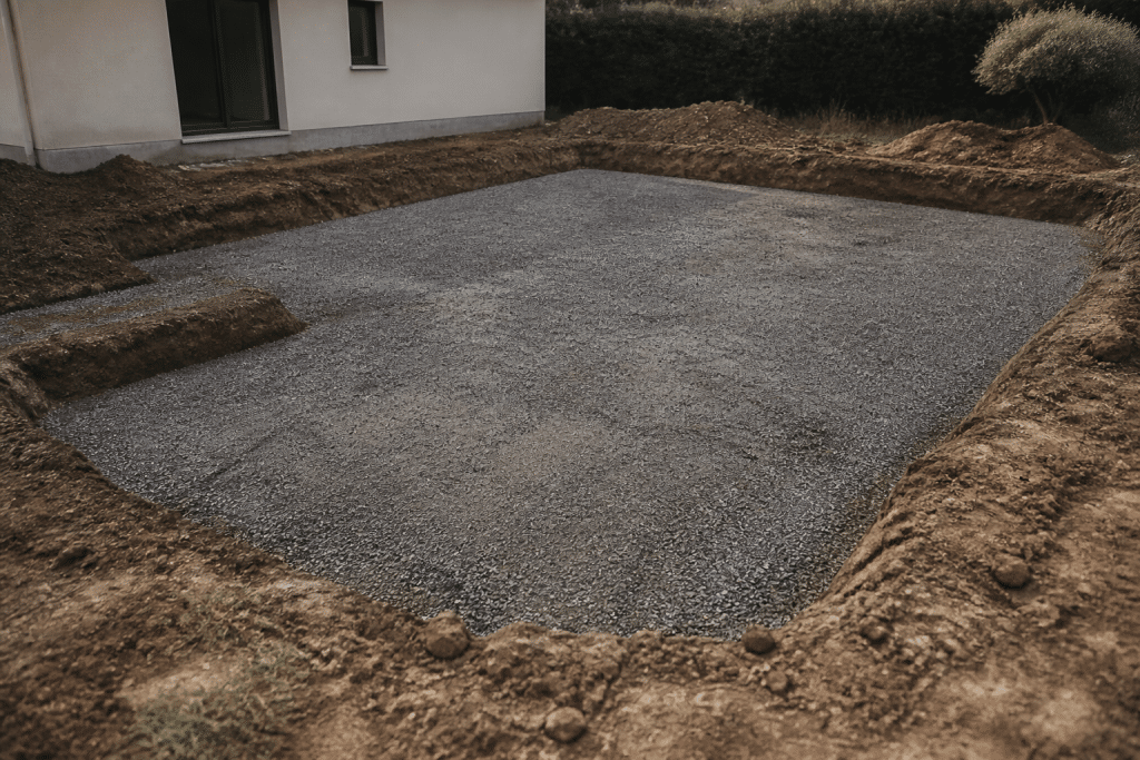 Terrain excavé avec couche de gravier compacté avant coulage