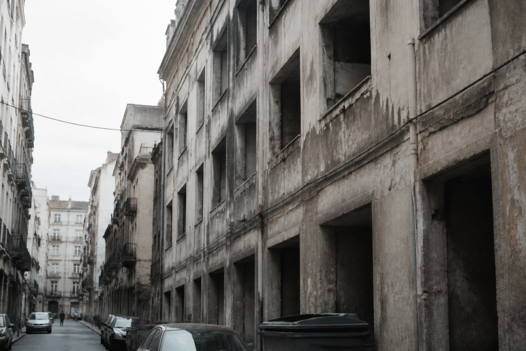 Rue urbaine avec immeubles delabres et facades grises