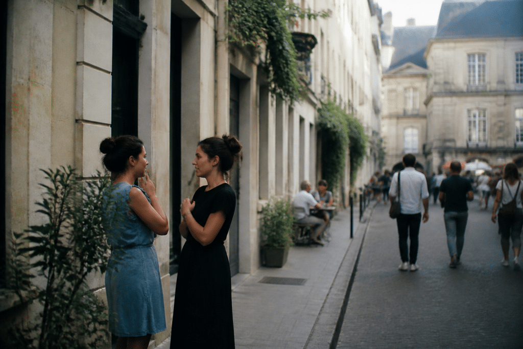 Rue animee avec immeubles residentiels et habitants discutant