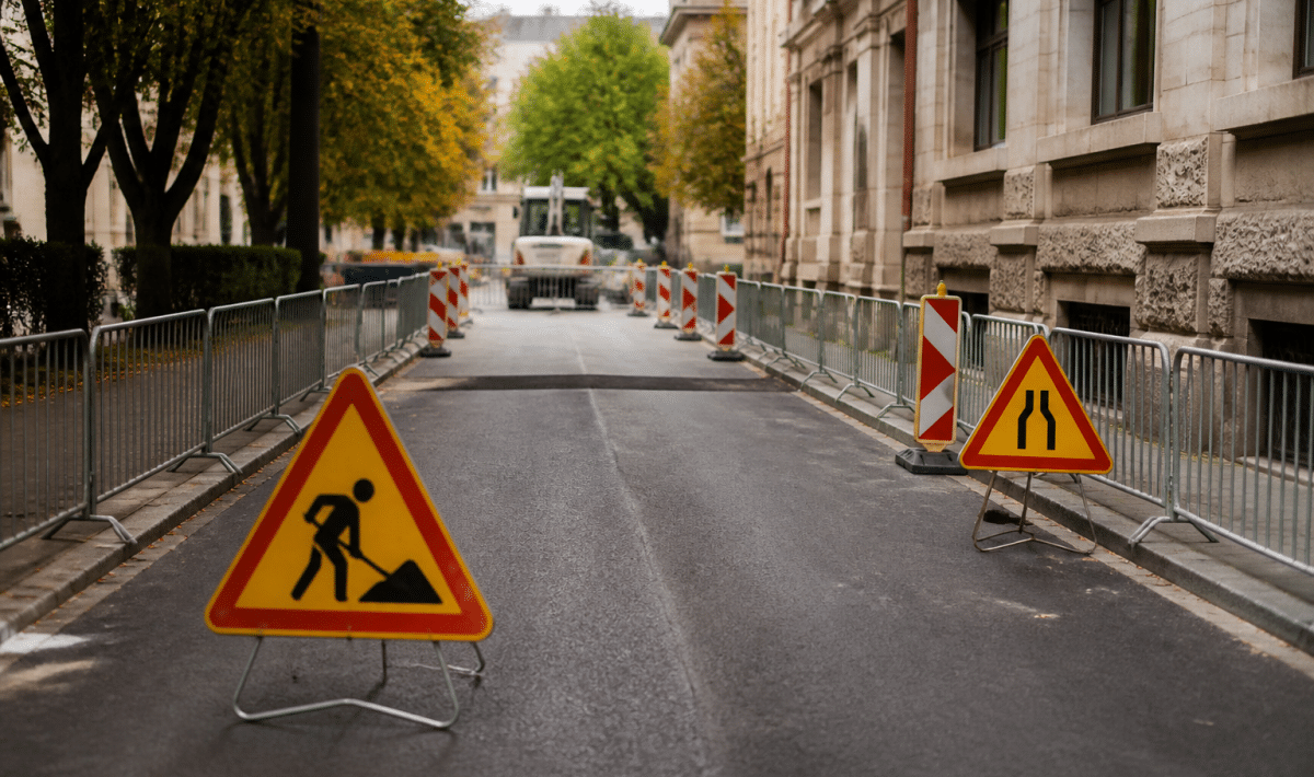 Rues urbaines délimitées avec panneaux d'avertissement visibles