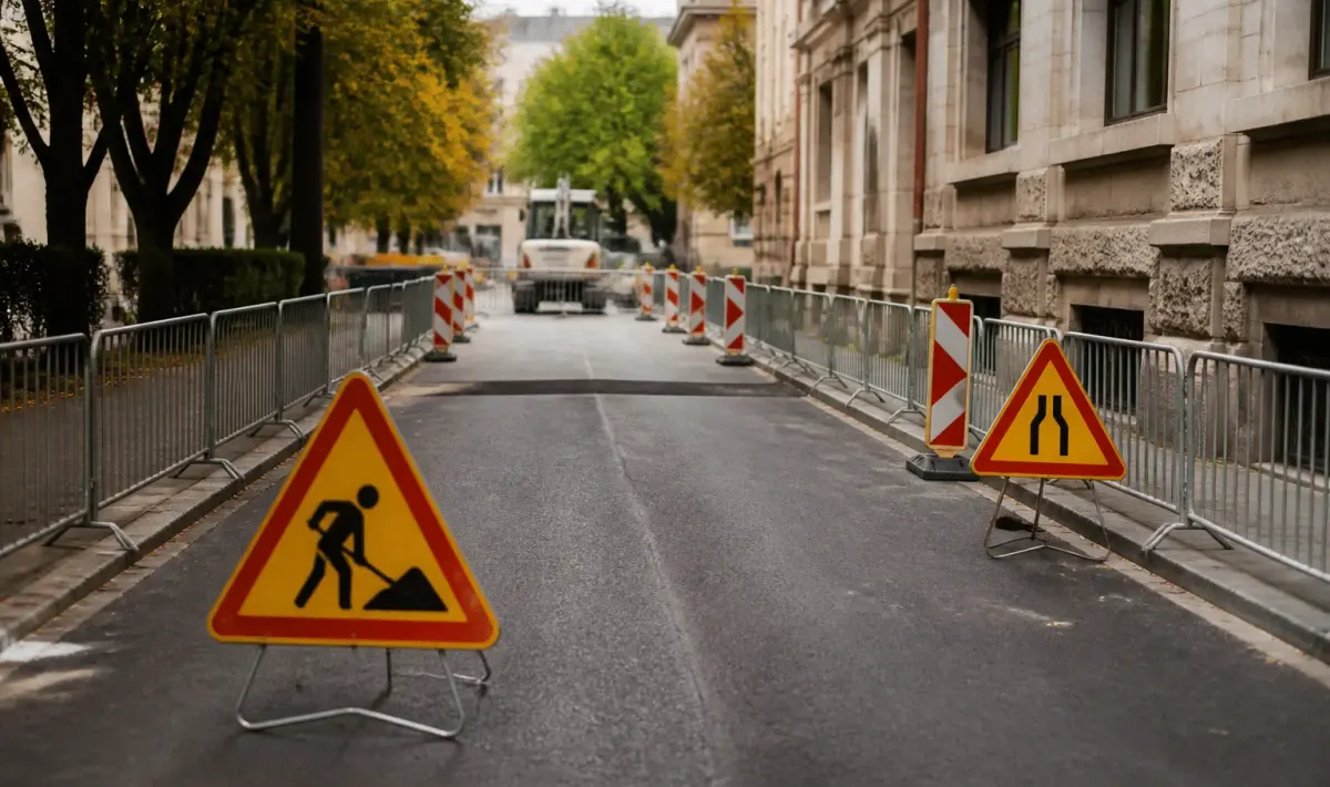 Rues urbaines délimitées avec panneaux d'avertissement visibles