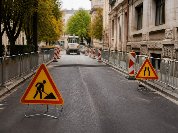 Rues urbaines délimitées avec panneaux d'avertissement visibles