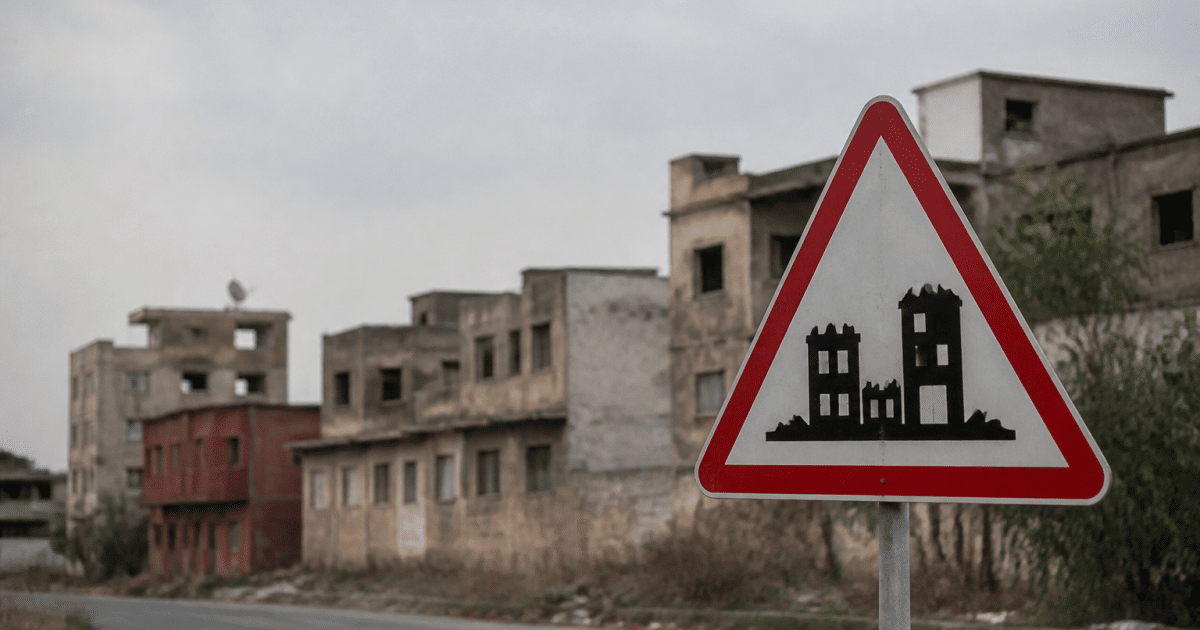 Panneau routier indiquant zone urbaine dangereuse avec batiments delabres