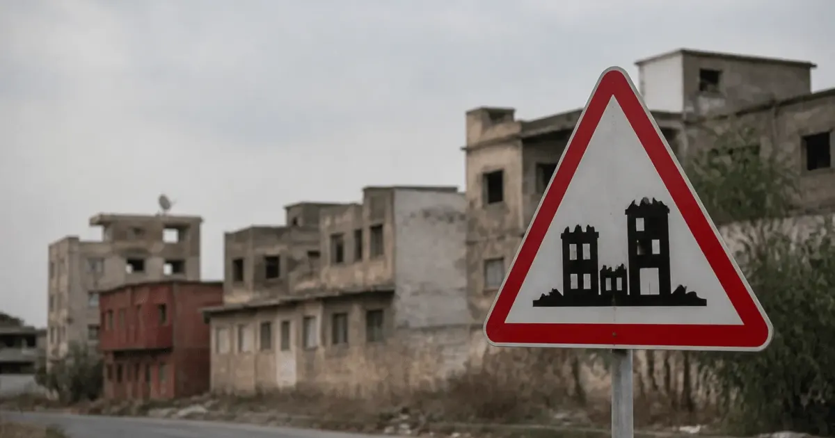 Panneau routier indiquant zone urbaine dangereuse avec batiments delabres