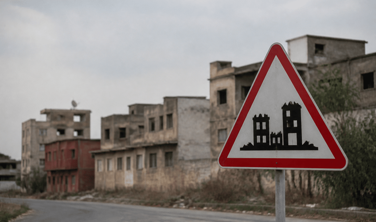 Panneau routier indiquant zone urbaine dangereuse avec batiments delabres