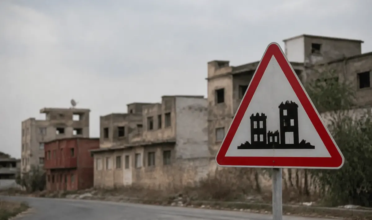 Panneau routier indiquant zone urbaine dangereuse avec batiments delabres