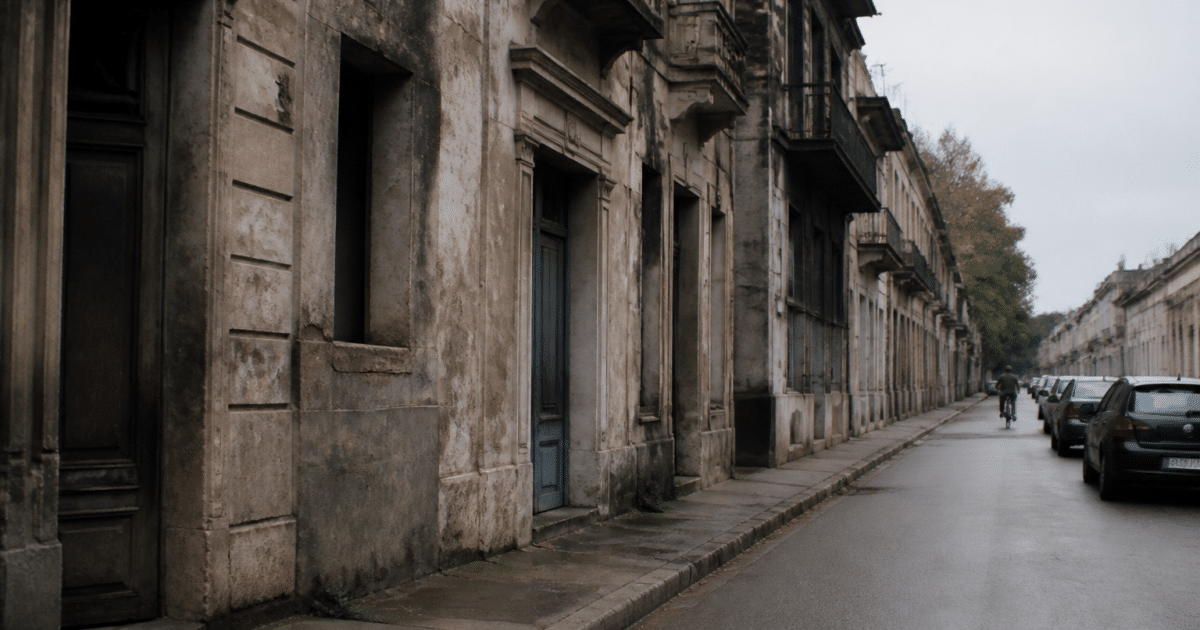 Rue urbaine avec immeubles délabres et facades grises usees