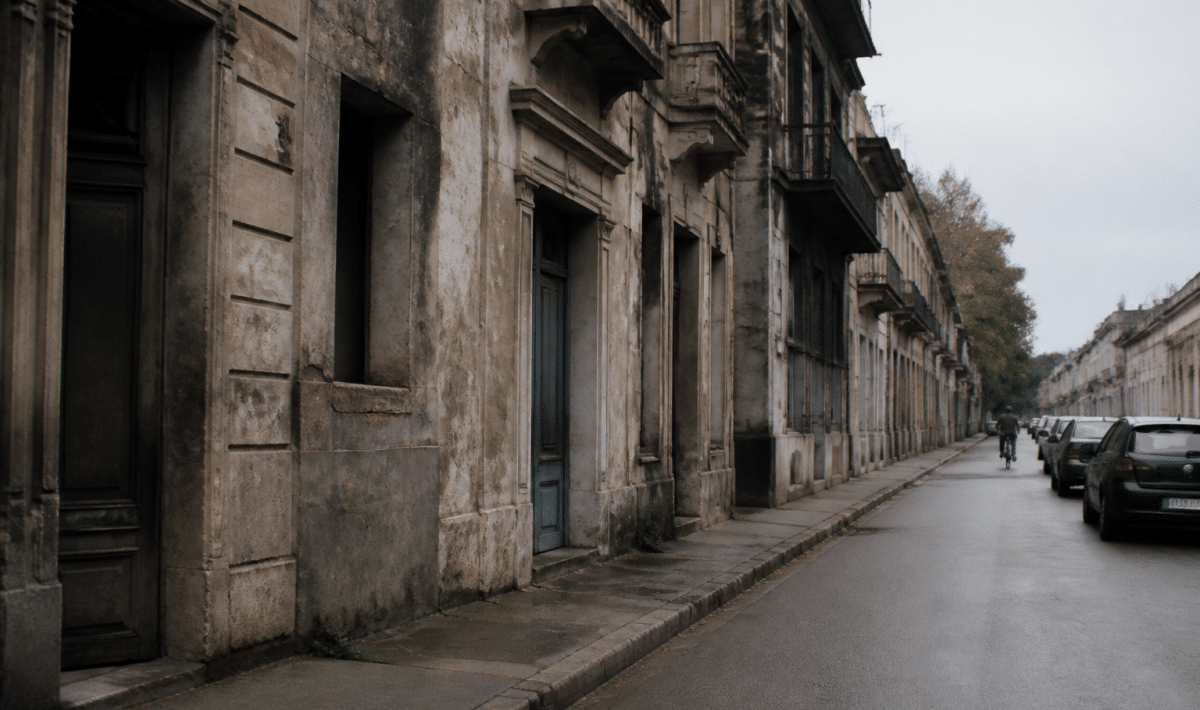 Rue urbaine avec immeubles délabres et facades grises usees