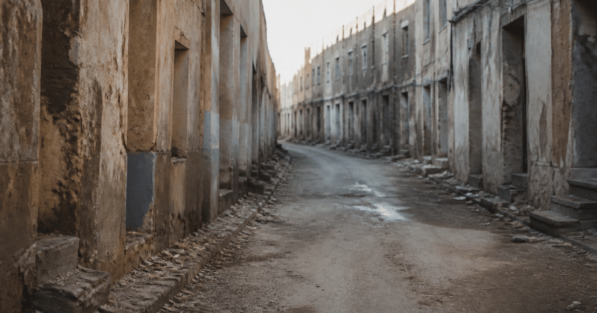 Rues desertes avec batiments degrades dans quartier urbain