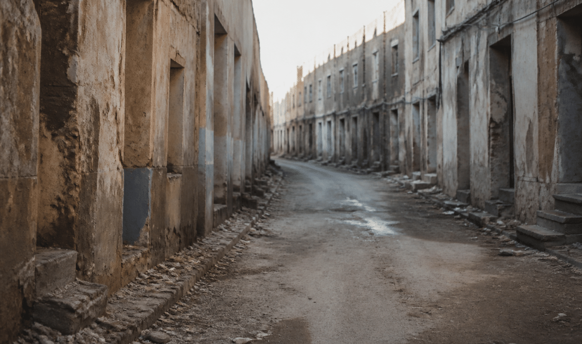 Rues desertes avec batiments degrades dans quartier urbain