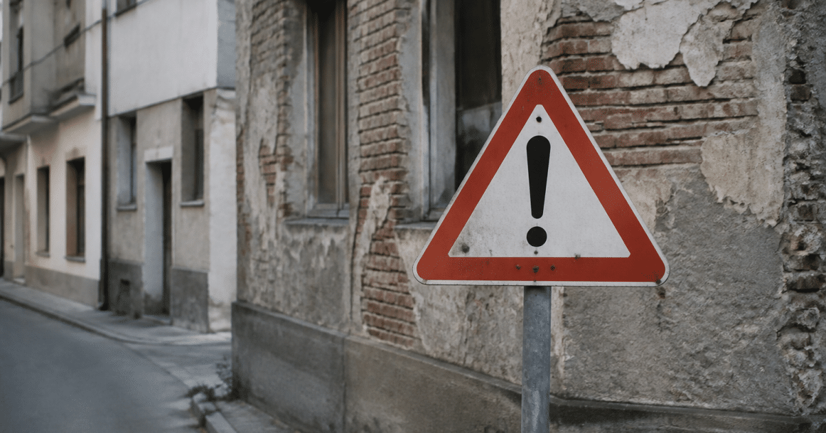 Panneau routier rouge avertissement devant immeubles urbains delabres