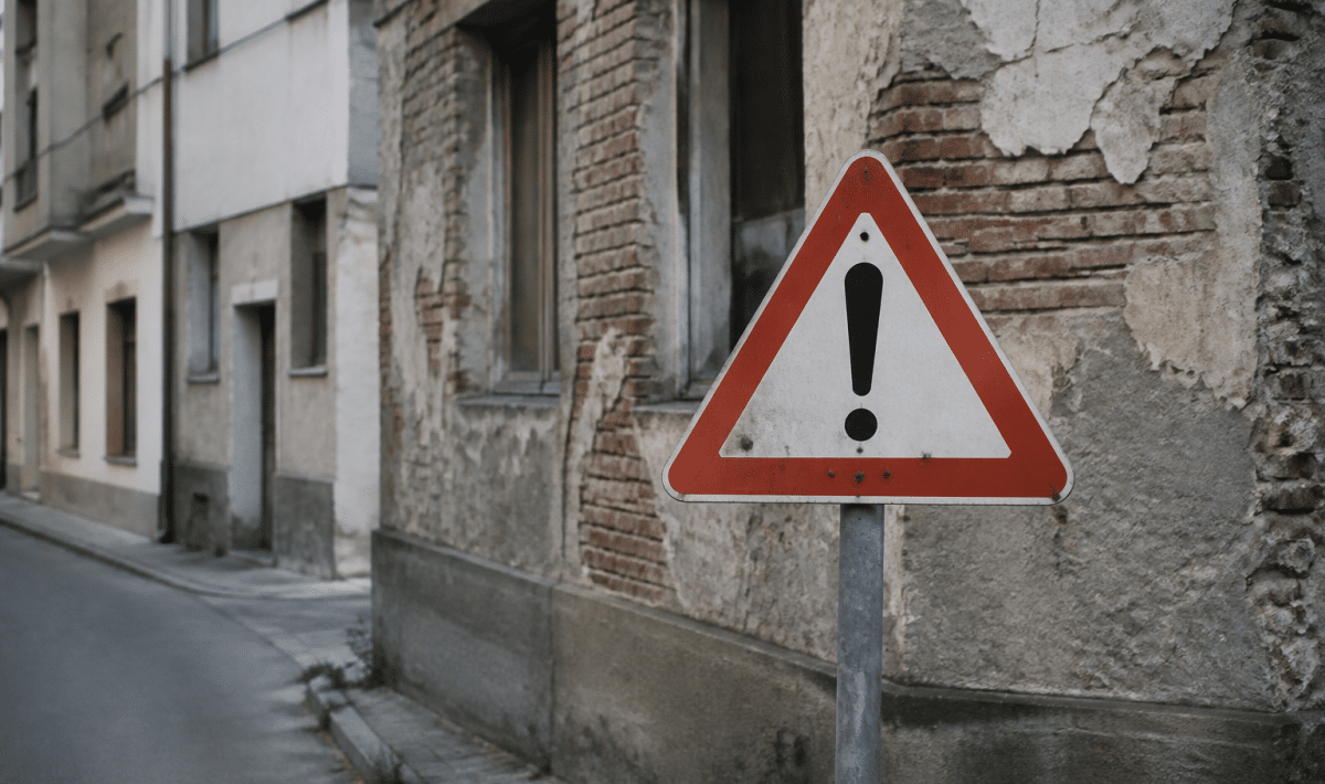 Panneau routier rouge avertissement devant immeubles urbains delabres