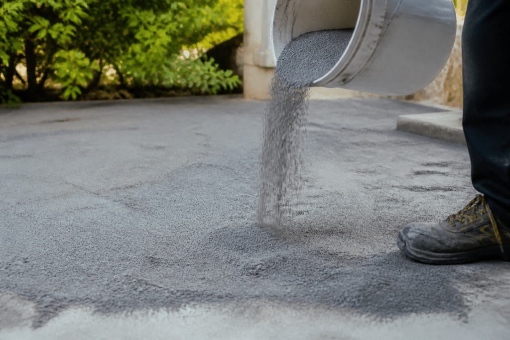 Poudre grise versee sur surface pour ragrea uniformement