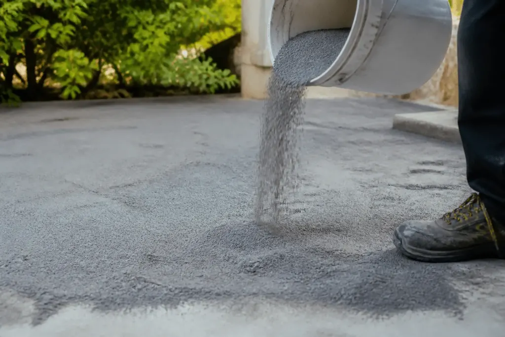 Poudre grise versee sur surface pour ragrea uniformement