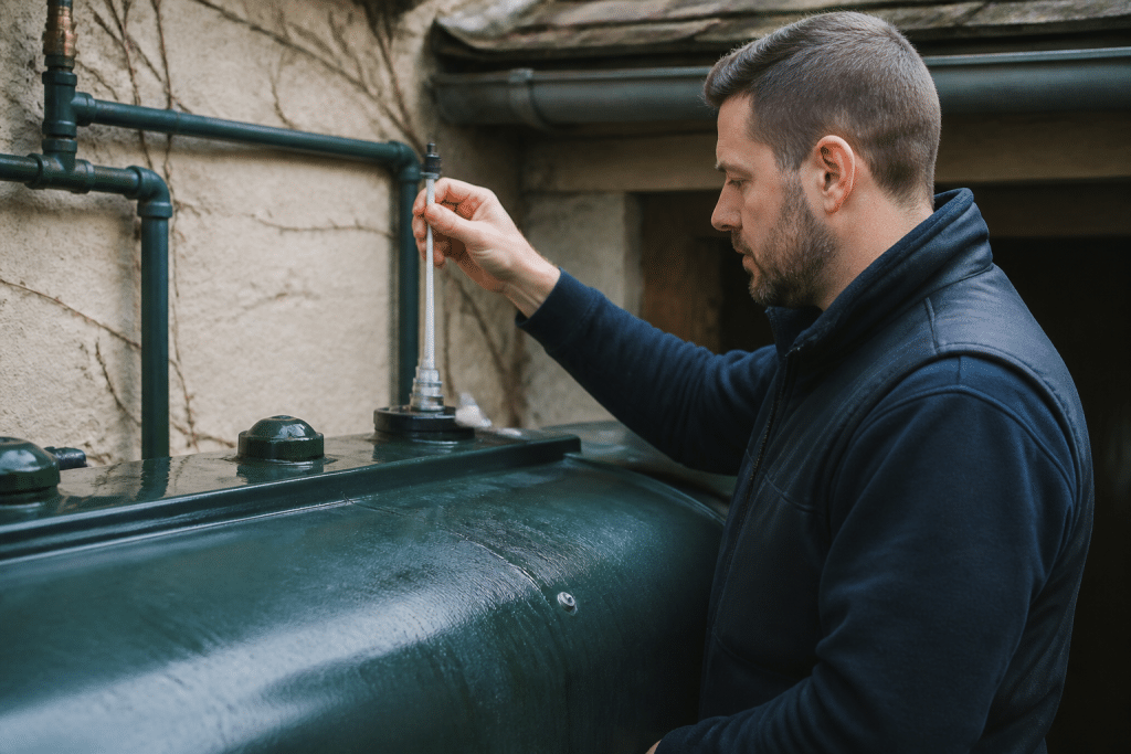 Technicien verifie jauge reservoir fioul chauffage domestique