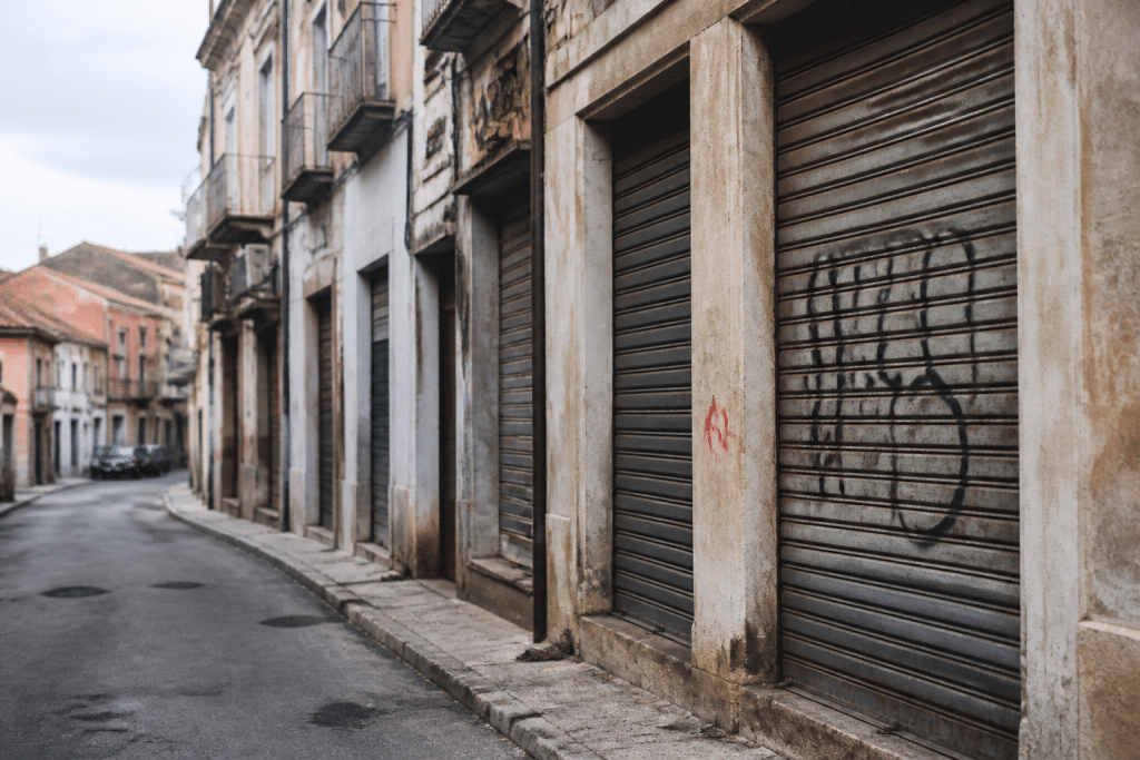 Rue avec commerces fermés, graffitis et immeubles délabbrés