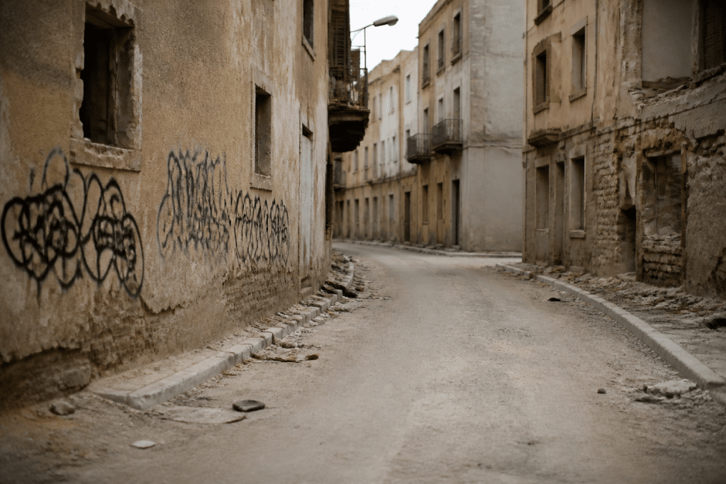 Rue deserте avec batiments degrades et graffitis noirs