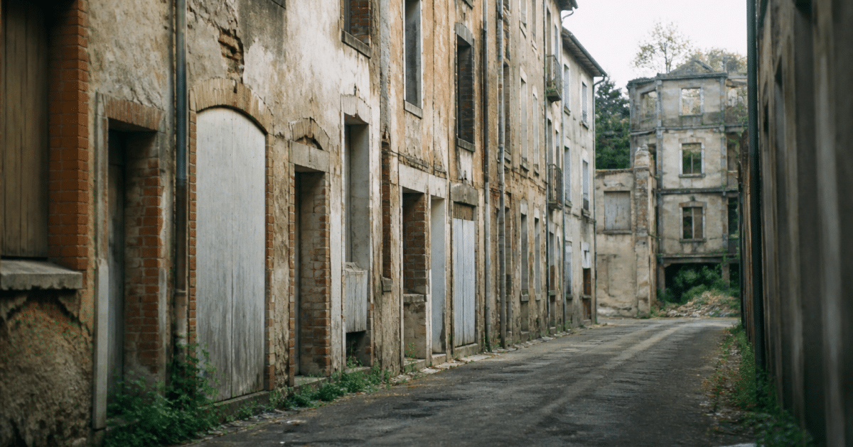 Rues desertes d'Albi avec facades degradees et immeubles abandonnes