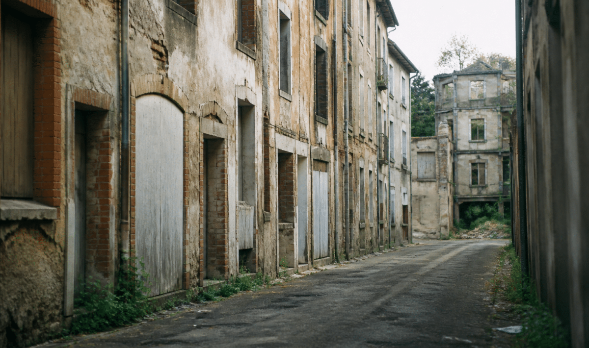 Rues desertes d'Albi avec facades degradees et immeubles abandonnes