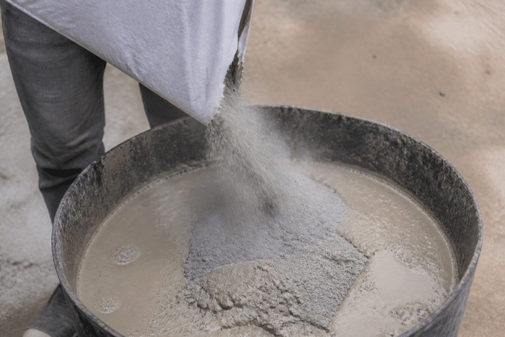 Sac de ciment gris versé dans mortier beige humide