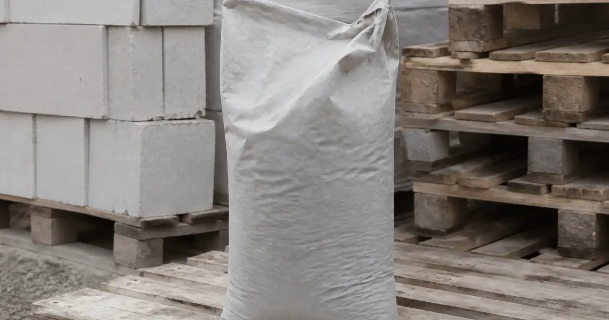 Sac gris ciment trente-cinq kilogrammes posé verticalement sur palette