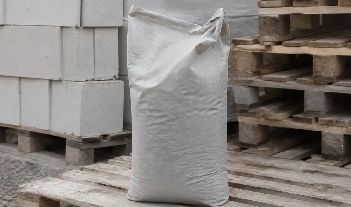 Sac gris ciment trente-cinq kilogrammes posé verticalement sur palette