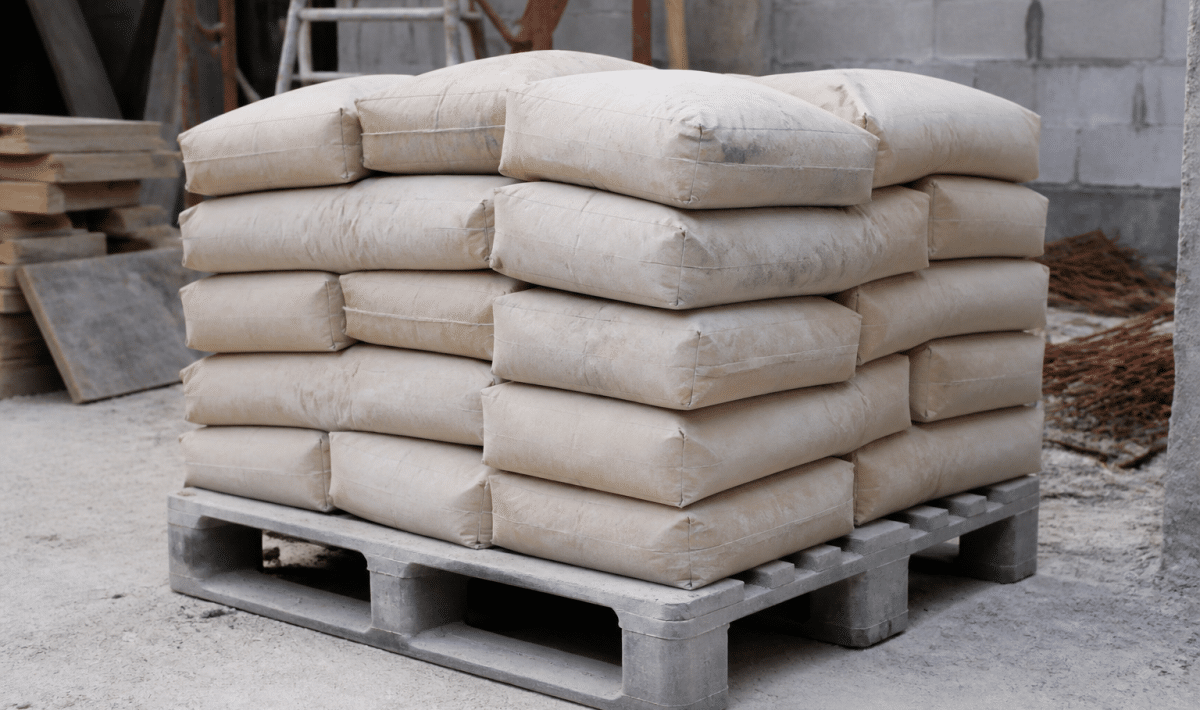 Sacs de ciment empiles sur palette grise chantier