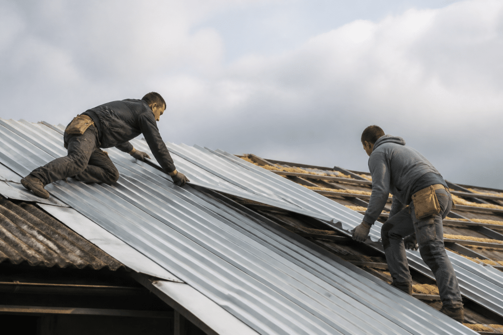 Ouvriers installant panneaux acier gris sur charpente existante