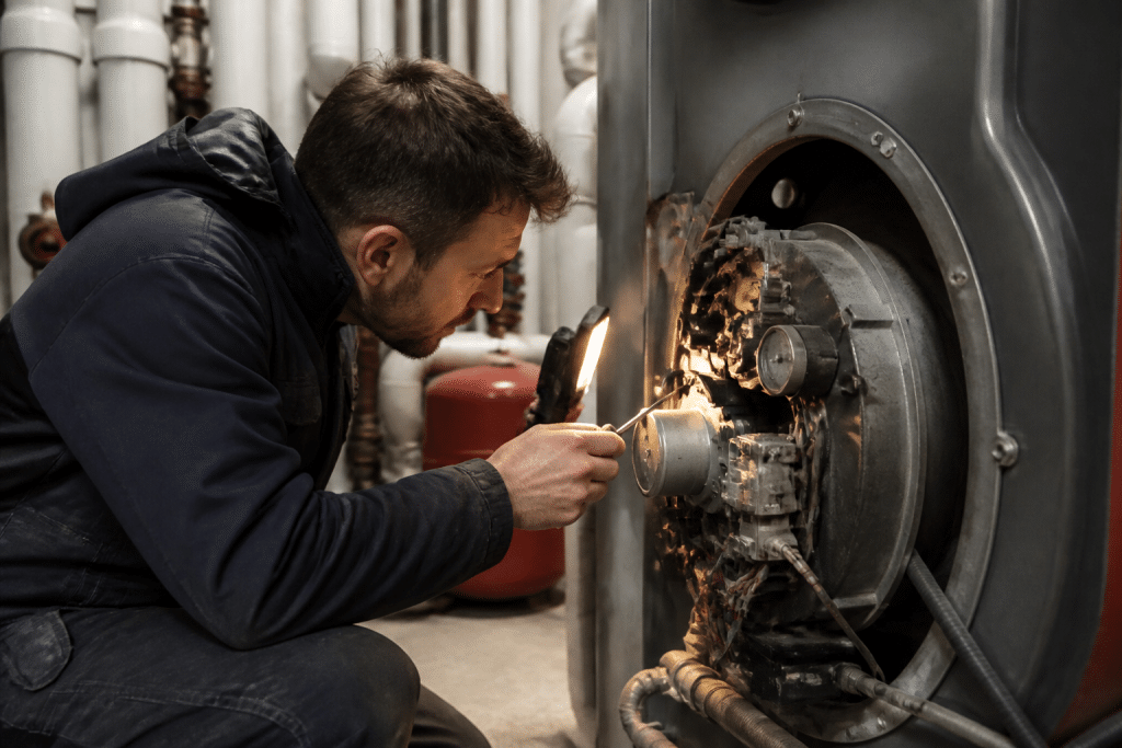 Technicien inspectant bruleur chaudiere avec tournevis et lampe