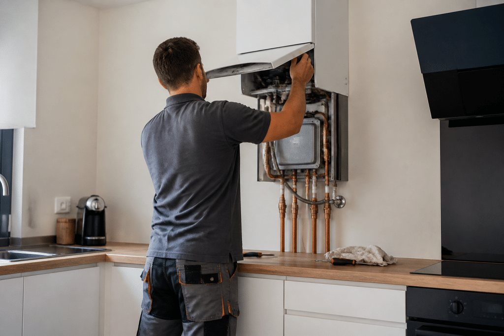 Technicien installant chaudière chauffage dans cuisine moderne