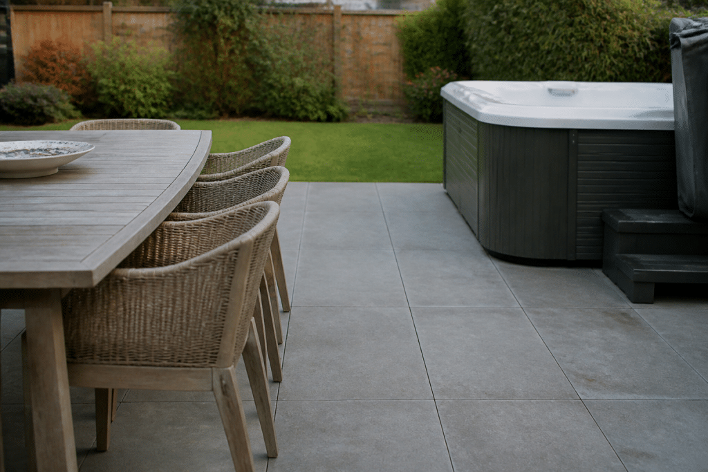 Terrasse avec dalles grises supportant mobilier et spa lourd