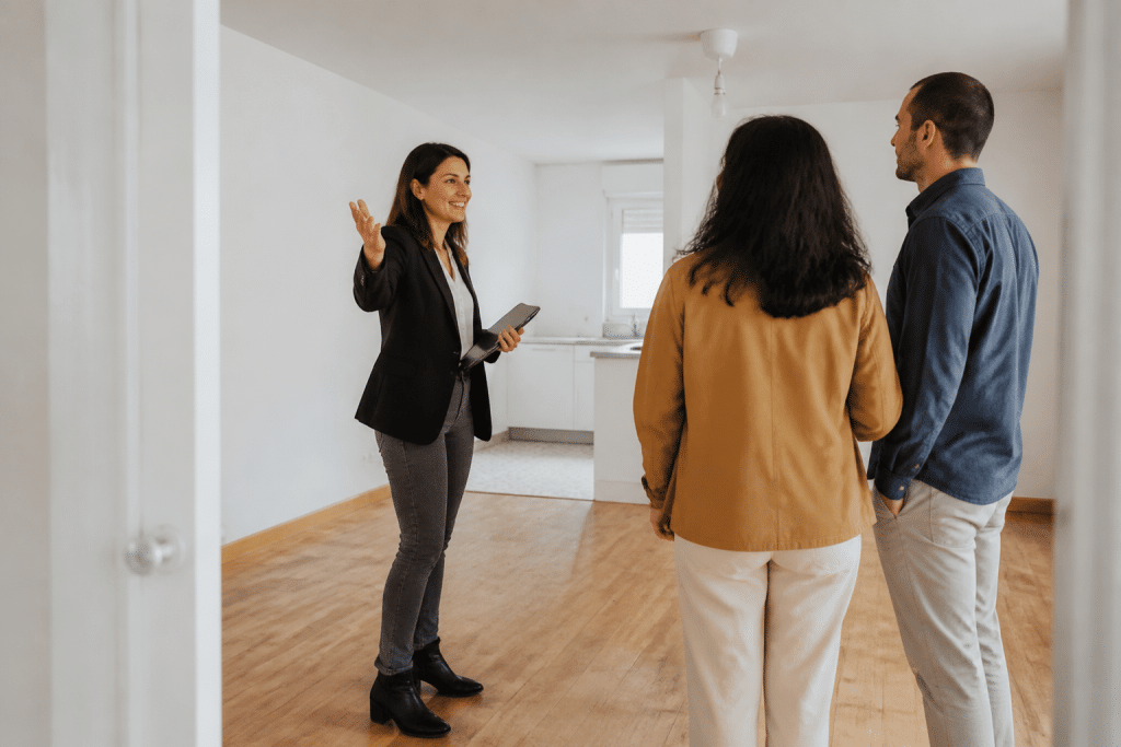 Personne visitant appartement avec agent immobilier souriant