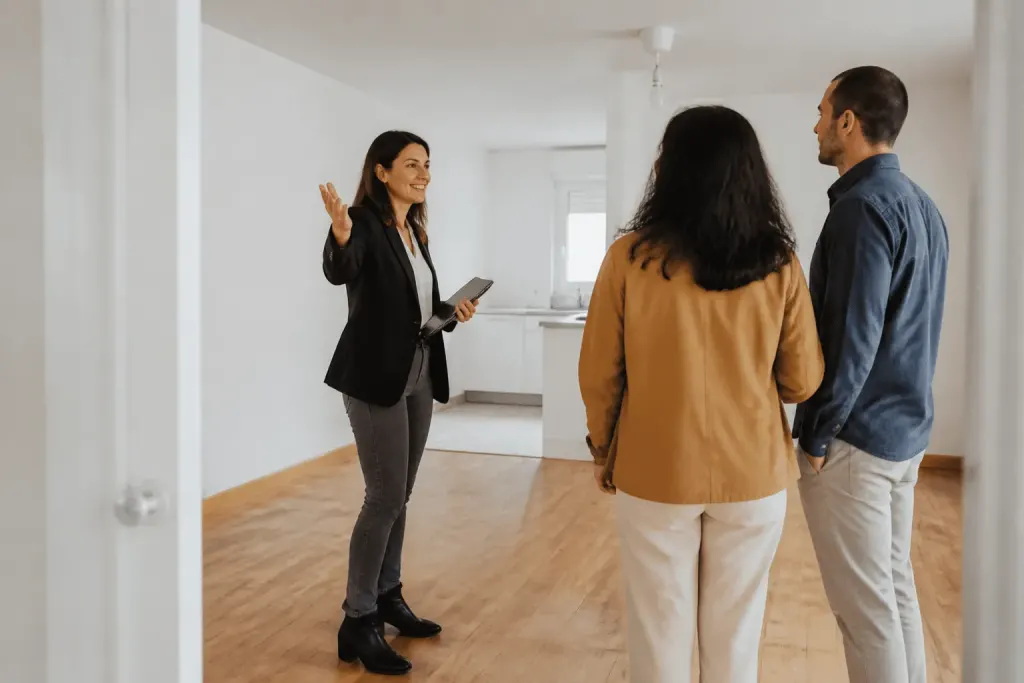 Personne visitant appartement avec agent immobilier souriant