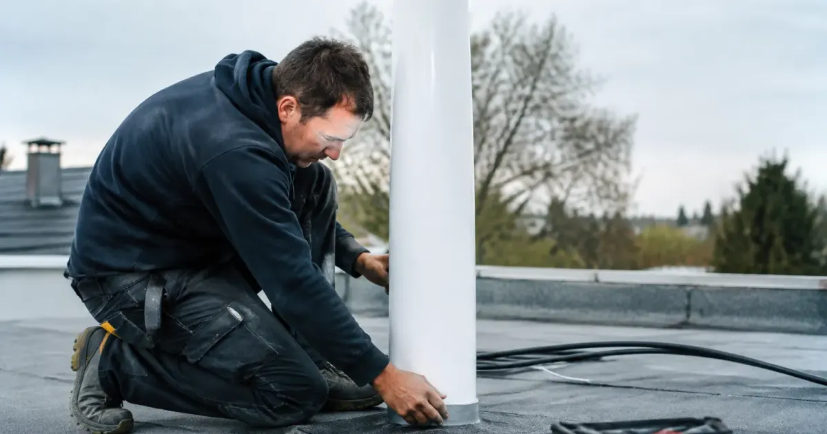 Plombier installant tube blanc vertical sur toit