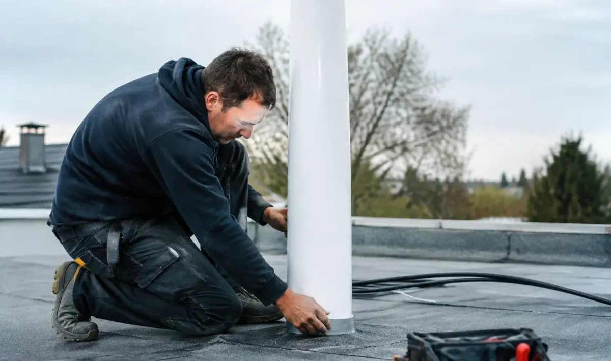 Plombier installant tube blanc vertical sur toit