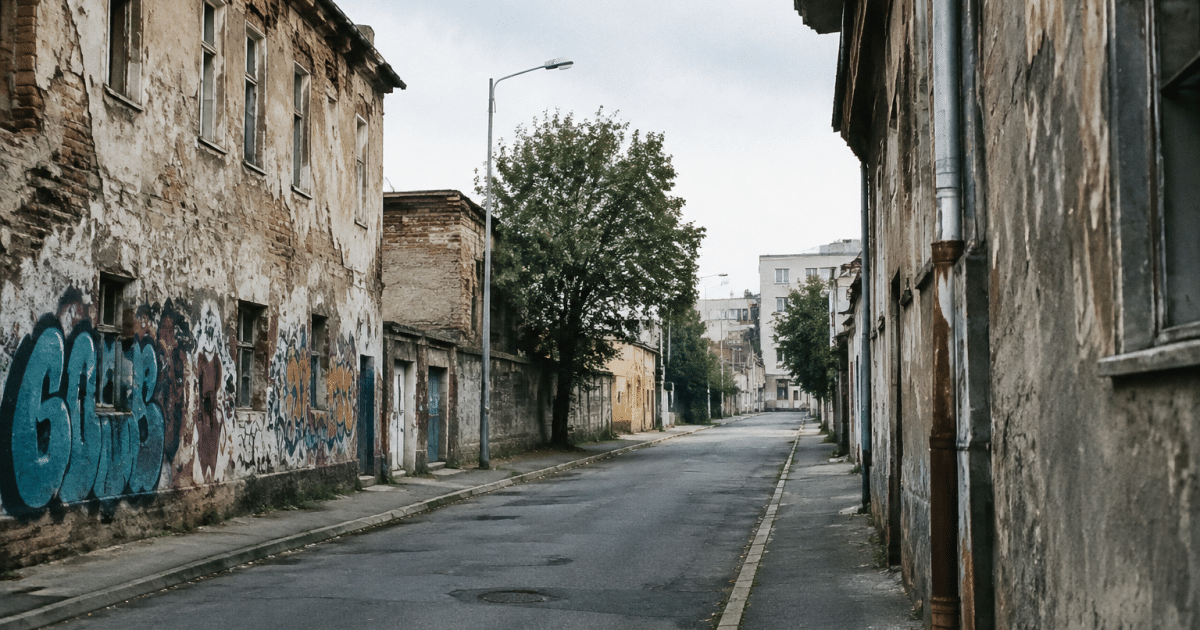 Rues urbaines desertes avec batiments delabres et graffitis visibles