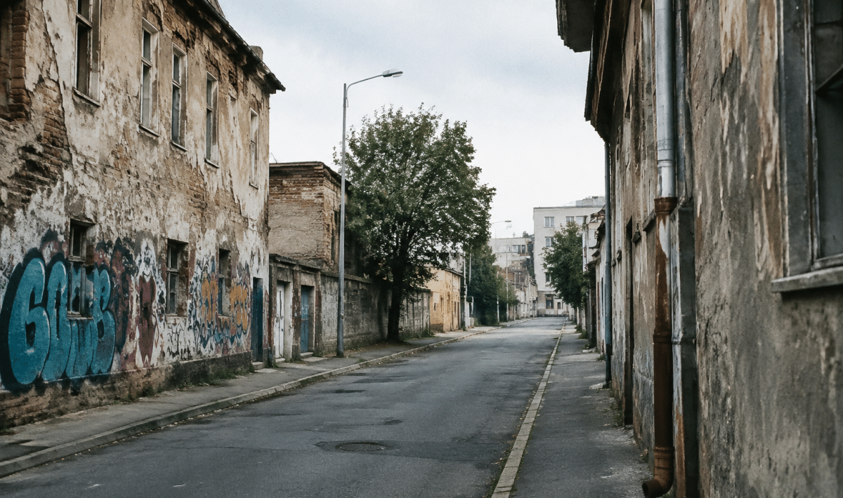 Rues urbaines desertes avec batiments delabres et graffitis visibles