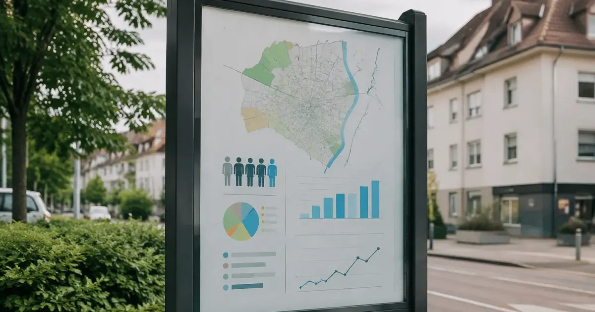 Pancarte indicative affichant statistiques population ville Schiltigheim debout