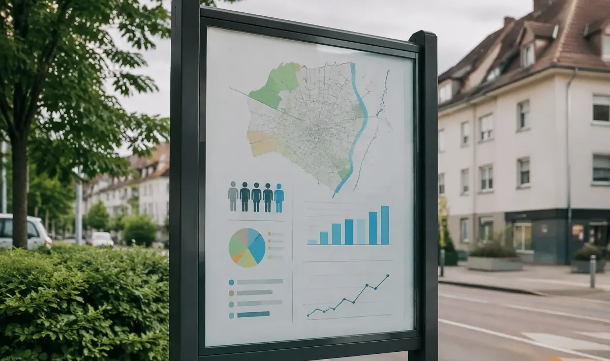 Pancarte indicative affichant statistiques population ville Schiltigheim debout
