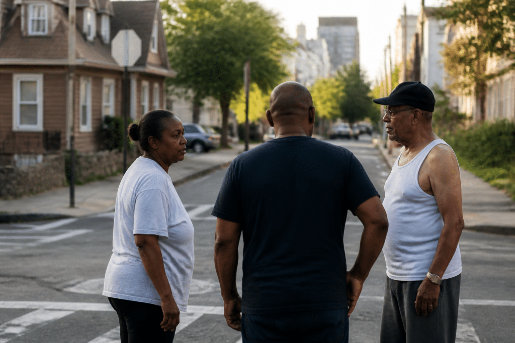 Residents discussing neighborhood safety near street signs and buildings
