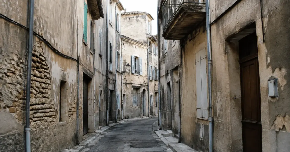 Rues étroites de Tarascon avec immeubles délabidés et dégradés visibles