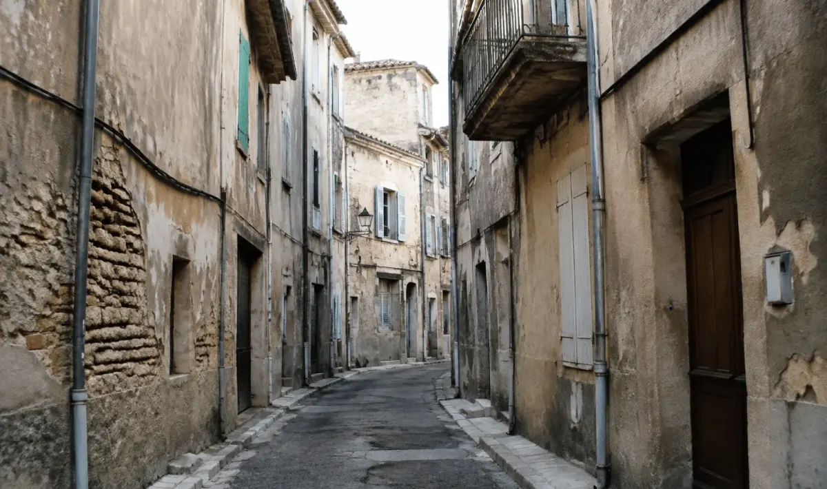 Rues étroites de Tarascon avec immeubles délabidés et dégradés visibles