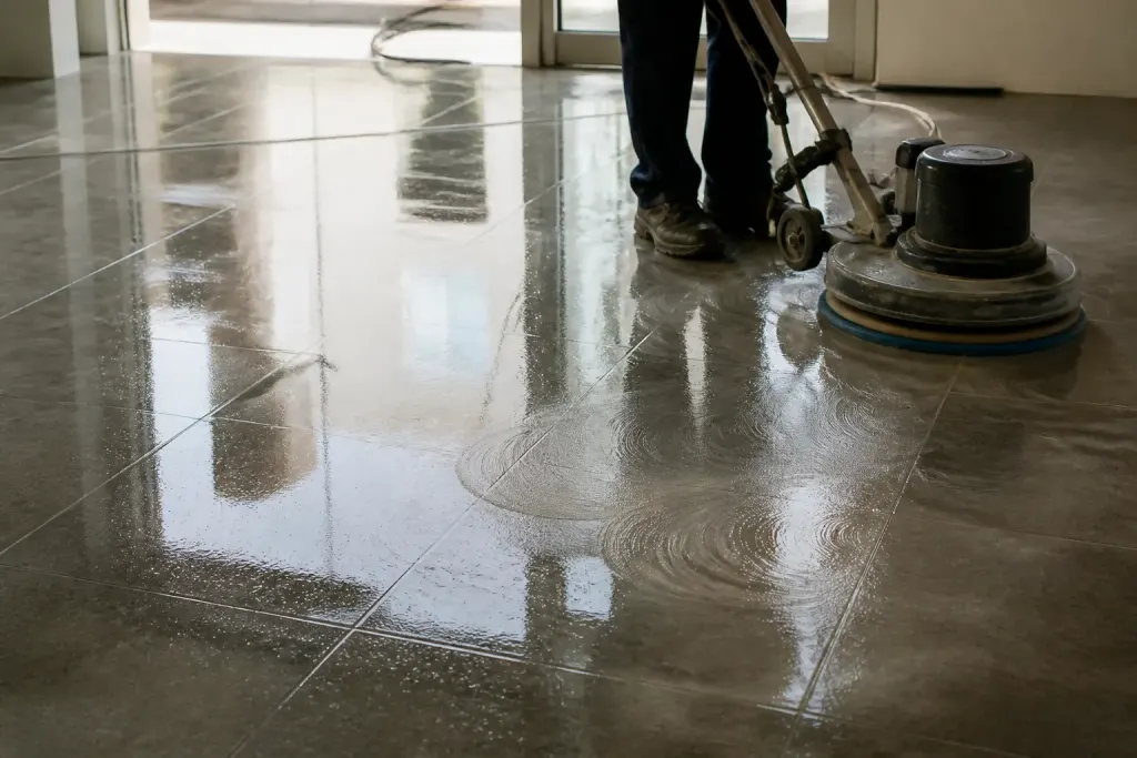 Carrelage brillant recevant degraissant puis poncage visible