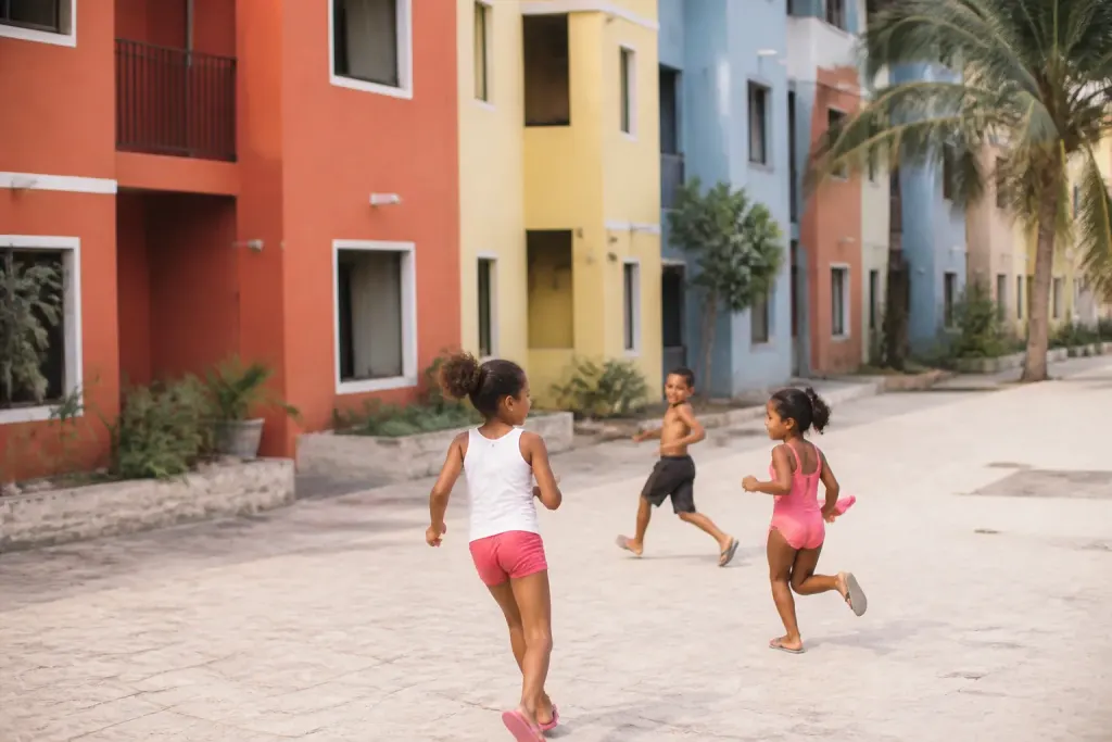 Enfants jouant devant des immeubles colores au soleil