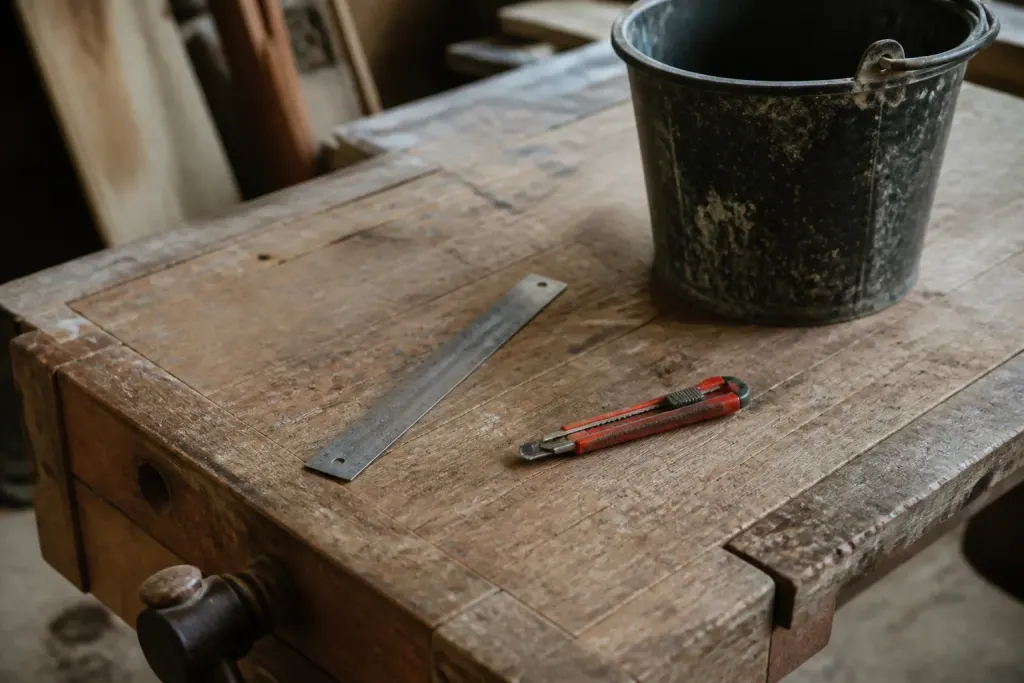 Etabli en bois avec regle cutter et seau