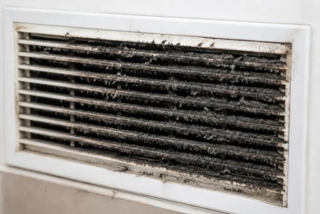Grille ventilation encrassee depot poussieres noires accumulees